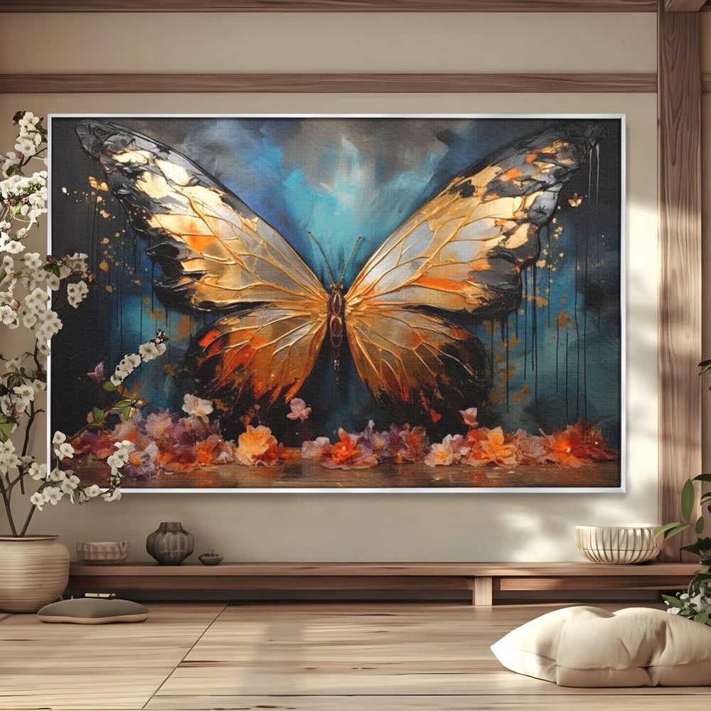 Tablou canvas cu tablou canvas cu fluture auriu si flori, in rama de aluminiu argintiu